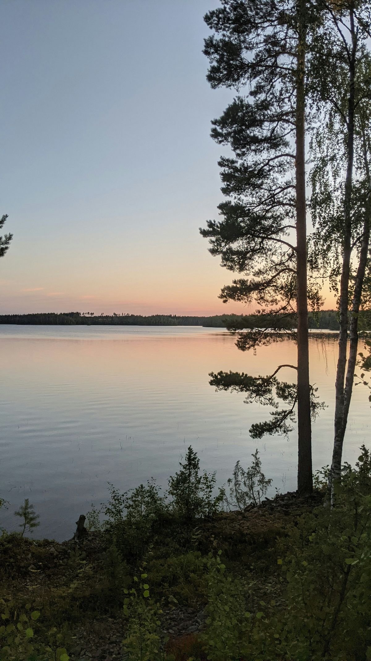 A still Finnish lake at dusk with forested shoreline